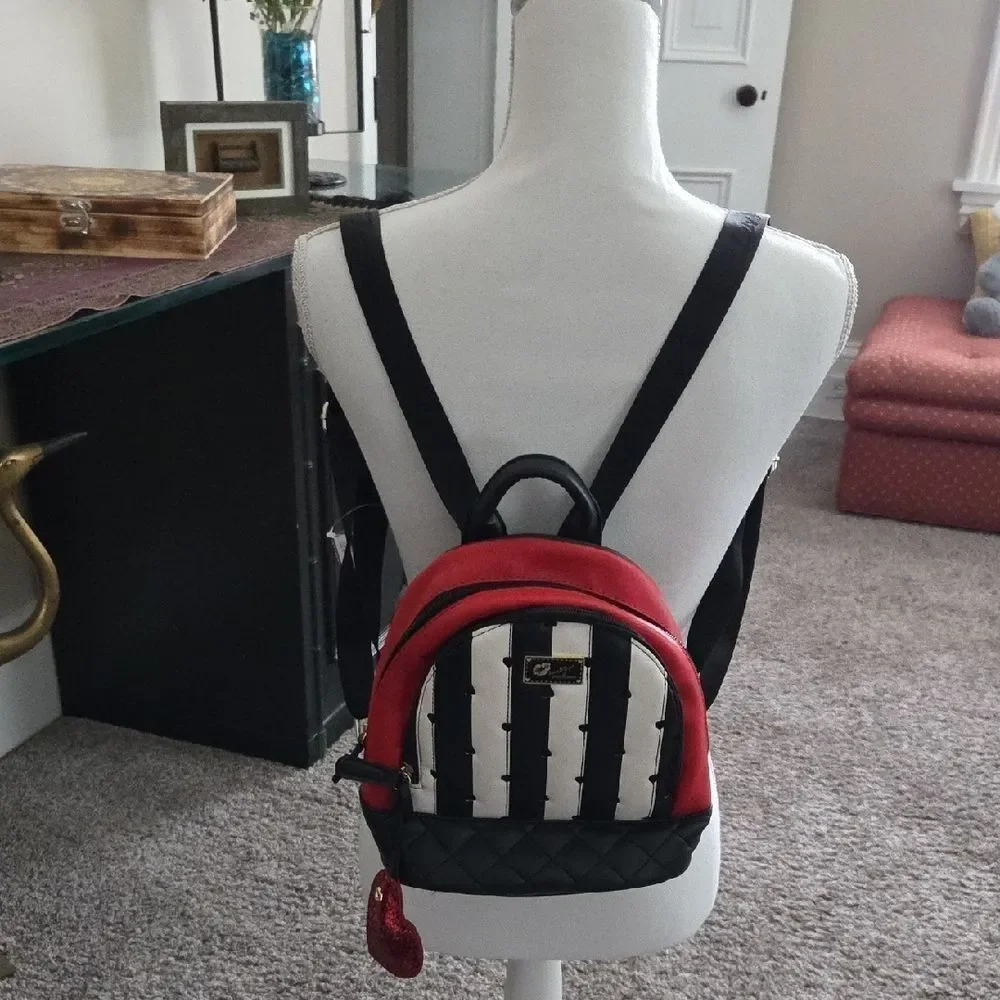 Betsey Johnson Black and White Striped Backpack with Red Accent
